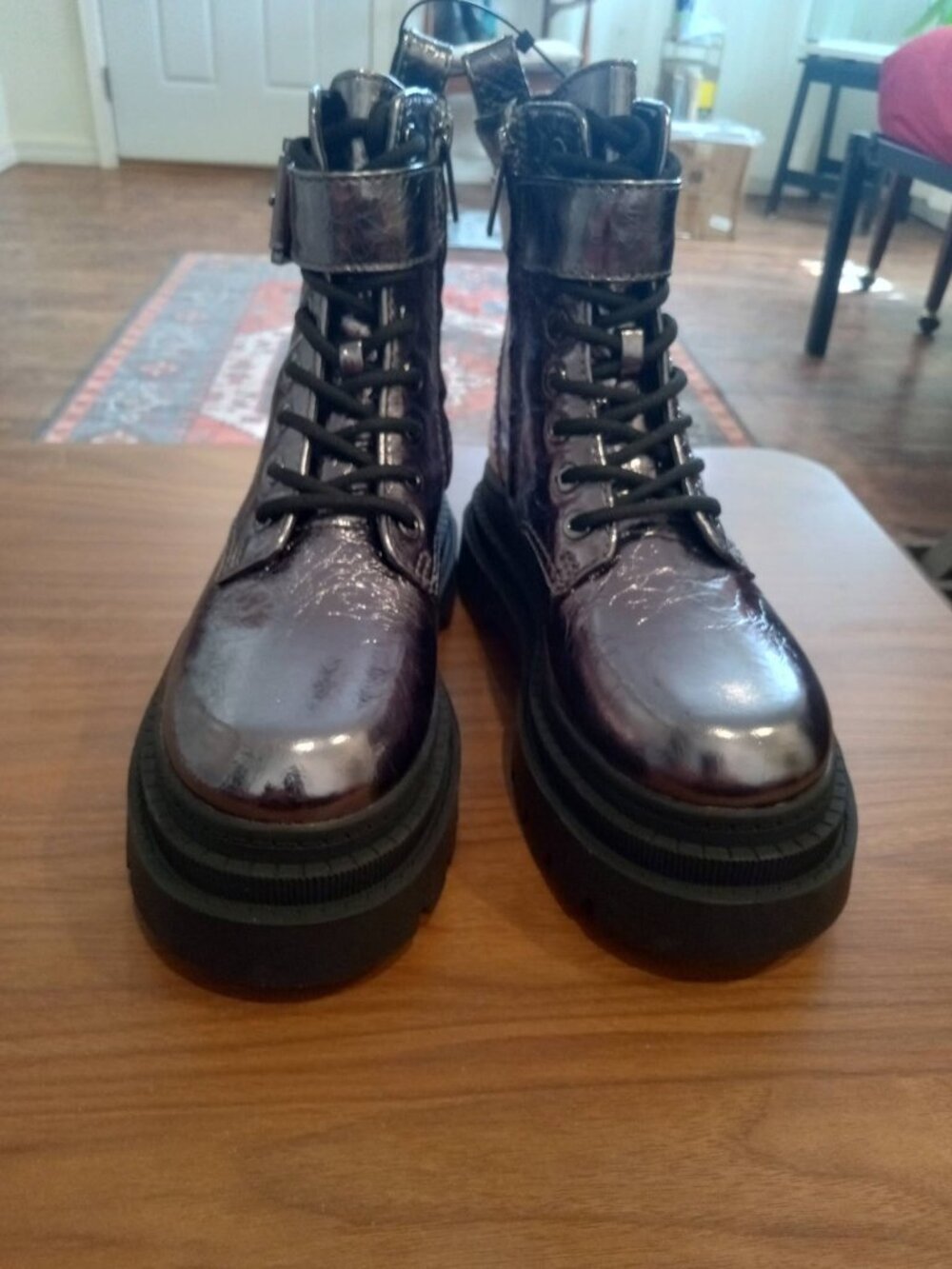 Michael Kors Colby Crackled Silver Metallic Combat Leather Boots Size 6 NEW